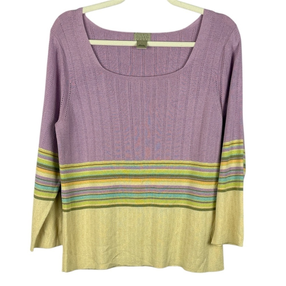 Sigrid Olsen Sport Cotton Blend Lilac Yellow Striped Detail Large Knit Top